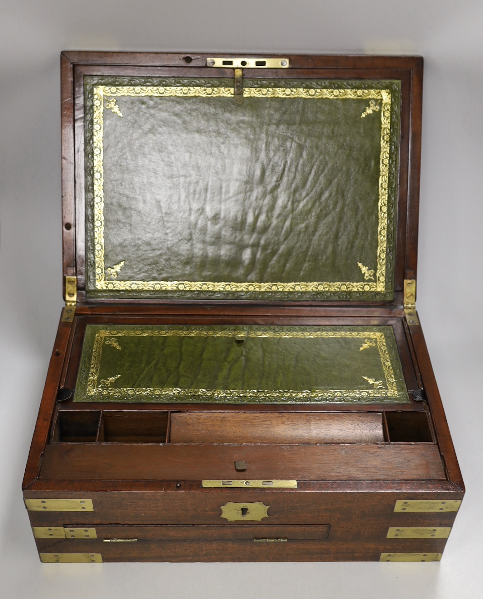 A 19th century brass bound mahogany writing box, 45cm wide